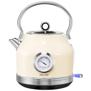 ZKIAH Chaleira Elétrica 1.7L Aço Inoxidável c Desligamento Automático e Interruptor de LED 110V 1200W Bege