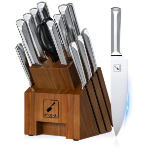 Conjunto de Facas Imarku em Aço Inoxidável com Bloco de Bancada Multinível e Afiador Embutido 16 Peças Prata
