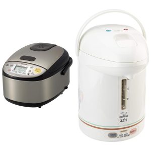 Panela de Arroz Zojirushi NS-LGC05XB Micom e Aquecedor 3 xícaras (cruas) Aço Inox Preto e CW-PZC22FC Super Boiler Micom 22L Floral 22 L.