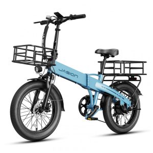 Bicicleta elétrica dobrável Jasion EB6 azul com cesto pneus 20x25 motor 500W nominal 1000W pico bateria 48V 105Ah quadro em alumínio 7 marchas 110V