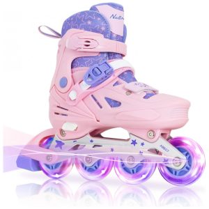 Patins Regulável para Crianças com Rodas Iluminadas para Iniciantes Tam BR 35 a 39 Nattork Rosa