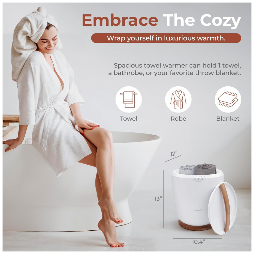 Aquecedor de Toalha Elétrico com Fragrância Personalizada Desligamento Automático para 1 Toalha Grande ou Roupão 110V 210W SereneLife Branco e Marrom Claro - Imagem 2
