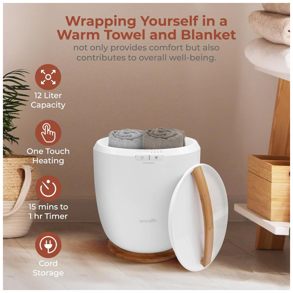 Aquecedor de Toalha Elétrico com Fragrância Personalizada Desligamento Automático para 1 Toalha Grande ou Roupão 110V 210W SereneLife Branco e Marrom Claro - Imagem 6