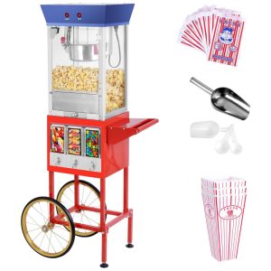 Máquina de Pipoca Profissional Vintage com Carrinho Móvel e Capacidade de 028g Fredeer
