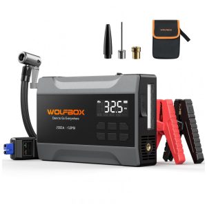 Jump Starter (Aux.de partida) com Compressor WOLFBOX 2000A Preto 37Wh 150 PSI Gasolina 5L 12V