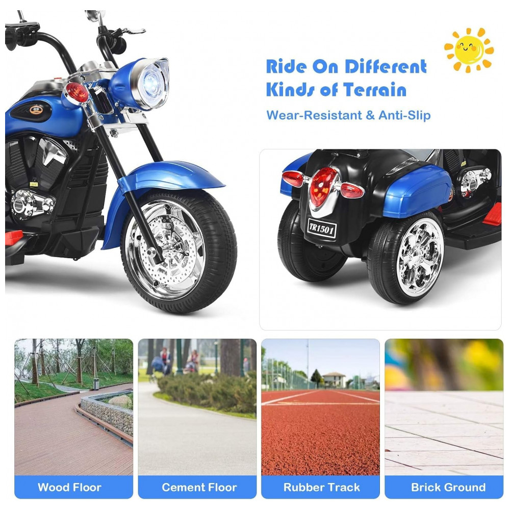 Moto Elétrica Infantil Chopper OLAKIDS Azul 6V 3 Rodas de Treinamento Farol LED Buzina Suspensão Estrutura Metálica 3 km/h - Imagem 3
