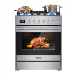 Fogão a gás profissional 76cm Empava inox convecção 5 queimadores profundos grelhas contínuas 142L 110V