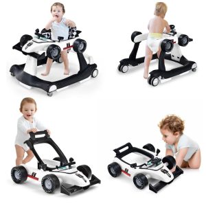 Andador de Bebê  HONEY JOY 4-em-1 Com 3 Alturas Ajustáveis Rodas Suaves Velocidade Ajustável Assento Acolchoado Música e Luz Dobrável para Bebês