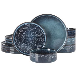 Conjunto de Pratos e Tigelas Gibson Elite Matisse Moderna em Pedra Reativa Azul Cobalto - 12 Peças