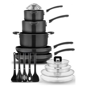 Jogo de Panelas Antiaderentes com Botão Dobrável e Economia de Espaço 17 Peças NutriChef Preto