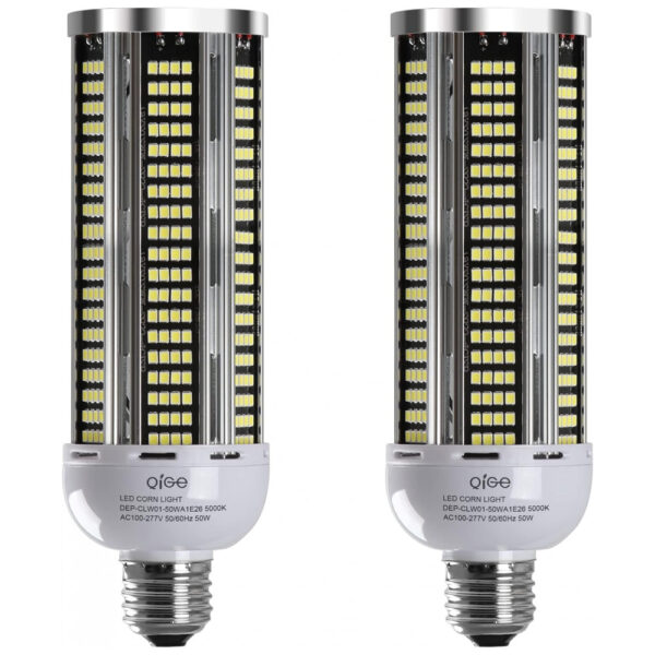 2 Lâmpadas LED Corn 50W, Equivalente 600W, 7000 lúmens, 5000K Luz Branca Dia, Base Média E26/E27, Não Dimerizável, para Iluminação Residencial, QiGe﻿