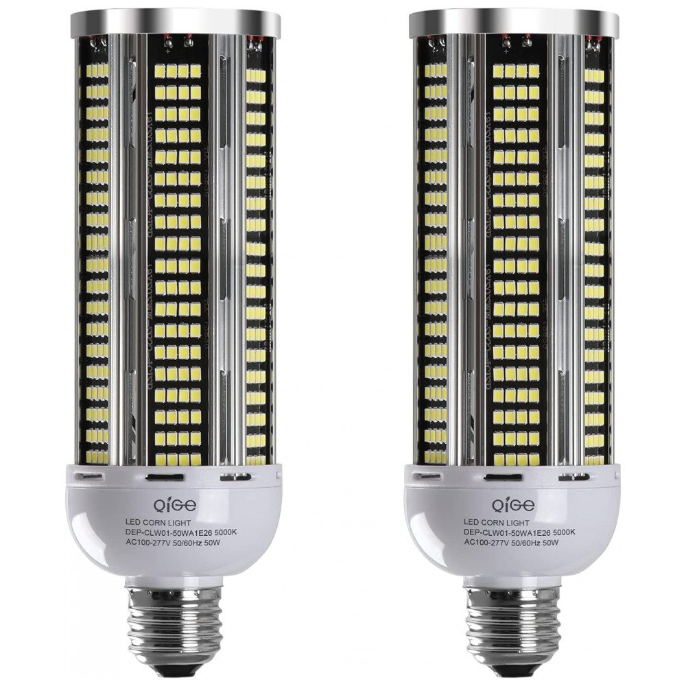 2 Lâmpadas LED Corn 50W, Equivalente 600W, 7000 lúmens, 5000K Luz Branca Dia, Base Média E26/E27, Não Dimerizável, para Iluminação Residencial, QiGe