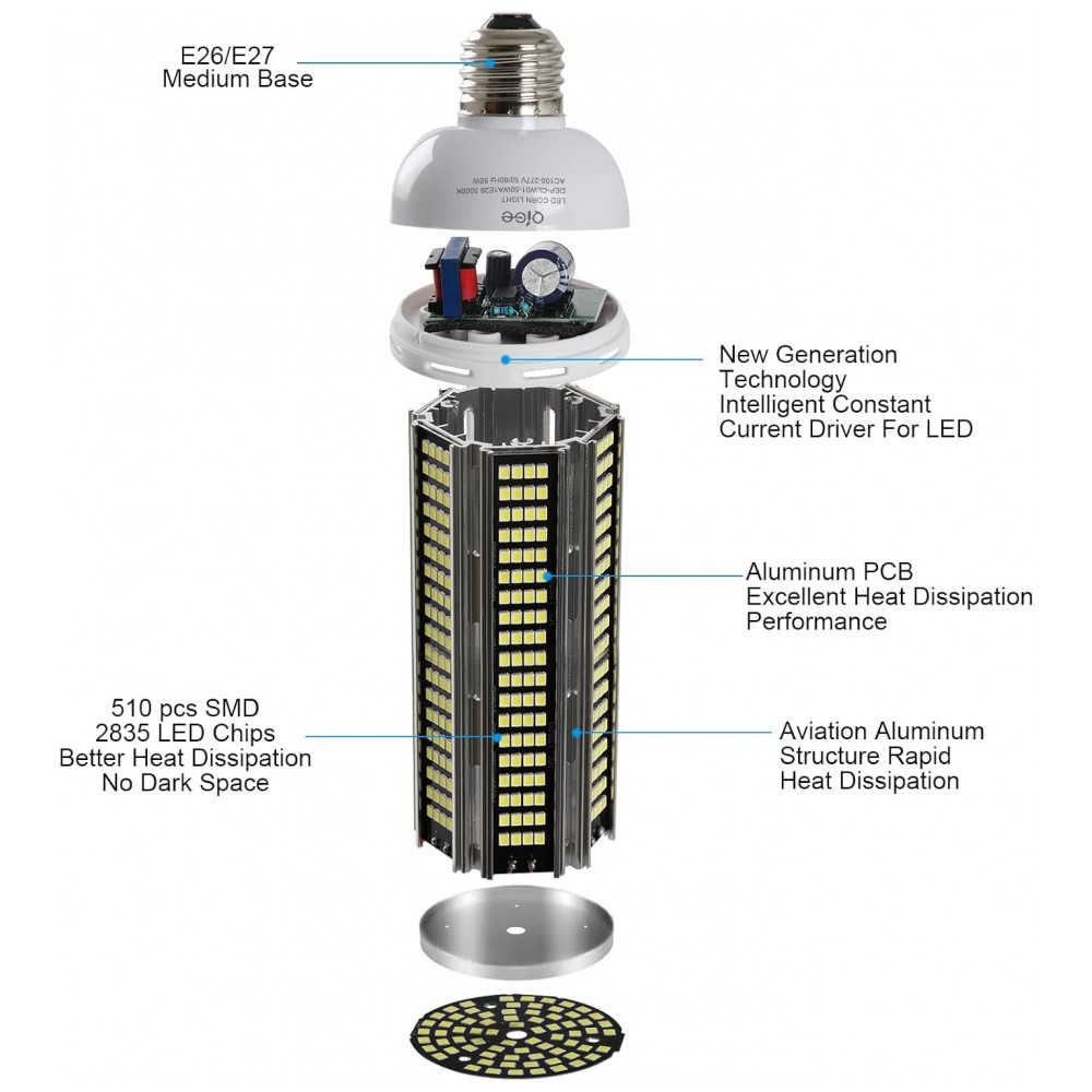 2 Lâmpadas LED Corn 50W, Equivalente 600W, 7000 lúmens, 5000K Luz Branca Dia, Base Média E26/E27, Não Dimerizável, para Iluminação Residencial, QiGe - Imagem 6