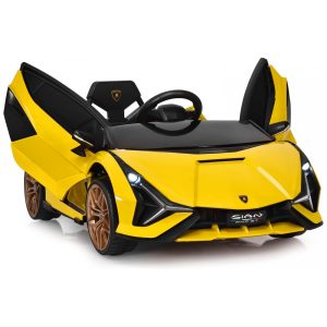 Carro Elétrico Infantil Licenciado Lamborghini SIAN OLAKIDS Preto/Amarelo 12V com Controle Remoto 2 Velocidades Suspensão e Bluetooth