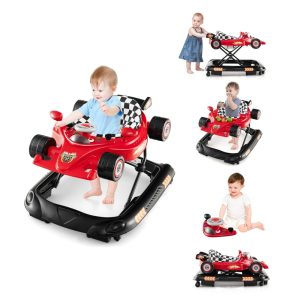 Andador 4 em 1 para Bebê  BABY JOY Dobrável com Altura Ajustável Música e Luzes Anti-Tombamento Andador Empurra com Rodas para Crianças.