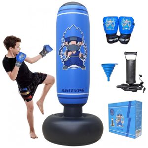 AGITVPS Kit de Saco de Pancadas Inflável 168 cm com Luvas de Boxe para Crianças de 8 a 12 Anos Bomba de Ar Super Azul Vivo
