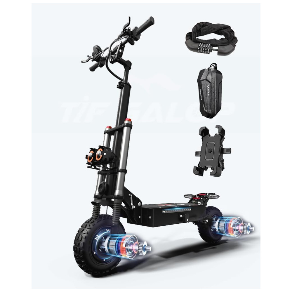 Scooter Elétrica para Adultos até 250 kg Velocidade Máxima de 80 km/h e Alcance de 109 km com Pneus Off-Road e Assento Removível 6000W Tifgalop T88PLUS Preta