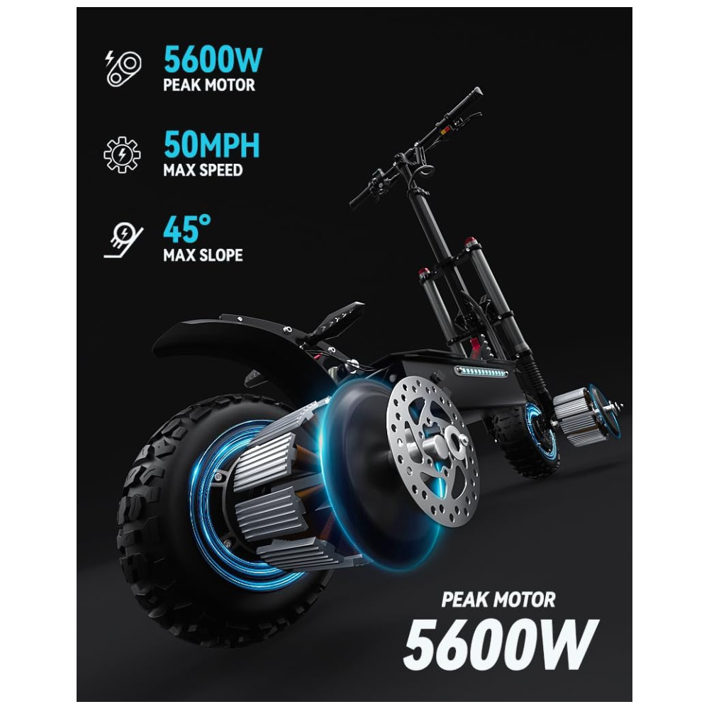 Scooter Elétrica para Adultos até 250 kg Velocidade Máxima de 80 km/h e Alcance de 109 km com Pneus Off-Road e Assento Removível 6000W Tifgalop T88PLUS Preta - Imagem 2