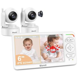 Babá Eletrônica com Tela de 15 cm 2 Câmeras Áudio Bateria de 30h Controle Remoto Visão Panorâmica e 150 IdiomasBlemil