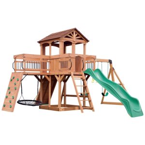 Playground Infantil de Madeira com Parede de Escalada Varanda Ponte Escorregador 2 Balanços de Cinto e 1 Balanço de Teia Backyard Discovery Verde