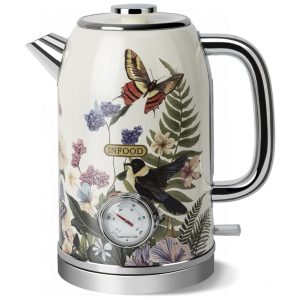 Chaleira Elétrica Retrô 18L INFOOD Floral Termômetro Analógico Inox 304 Base 360° Proteção Superaquecimento 1200W 110V