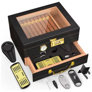 Umidor de Charutos TRBIHCX com Trava de Senha Gaveta para Acessórios e Conjunto Completo de Acessórios - Comporta 20-50 Charutos