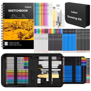 Kit Lápis de Cor Profissional Art Supplies com Estojo 176 peças Tintas Acrílicas Aquarela CALIART 663152 Preto