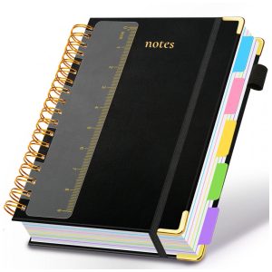 Caderno universitário espiral capa dura GDGDSY B5 8x10 5 matérias 300 páginas pautadas divisórias removíveis capa couro sintético preto