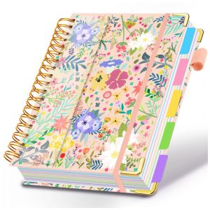 Caderno universitário espiral HDhuiun 8x10 5 matérias 300 páginas pautadas divisórias com bolsos e abas capa floral bege