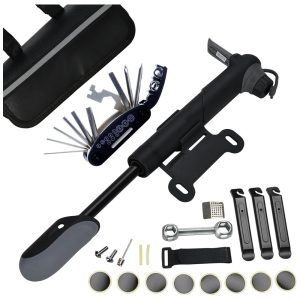 Kit de Reparo Emergencial de Bicicleta com Mini Bomba 120 PSI e Bolsa de Transporte 16 Peças DAWAY Preto