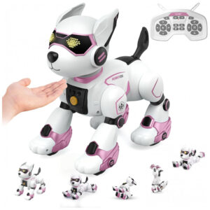 Robô Cachorro Programável Preto com Detalhes Vermelhos – Interactive Robotic Dog Toy, Controle Remoto, Voz e Imitação de Sons para Crianças