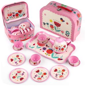 Jogo de Chá Infantil em Lata 15 Peças com Maleta de Transporte para Crianças Acima de 3 Anos D-FantiX Rosa