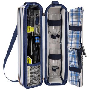 Bolsa Térmica para Vinhos ALLCAMP com Compartimento Refrigerado - Conjunto de Piquenique com Duas Séries de Talheres - Estampa Listrada Azul