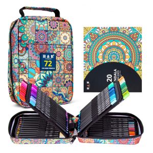 Conjunto 72 lápis de cor H & B com estojo mandala livro para colorir borracha e apontador minas óleo macias