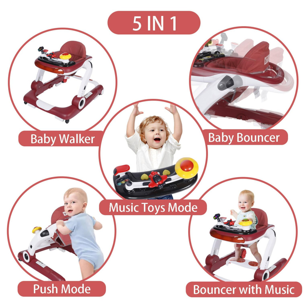 Andador Kinder King com Música e Luzes 5 em 1 Cadeira de Atividades Altura e Assento Ajustáveis Aprendizagem Sentado Andador Empurrável Preto. - Imagem 2