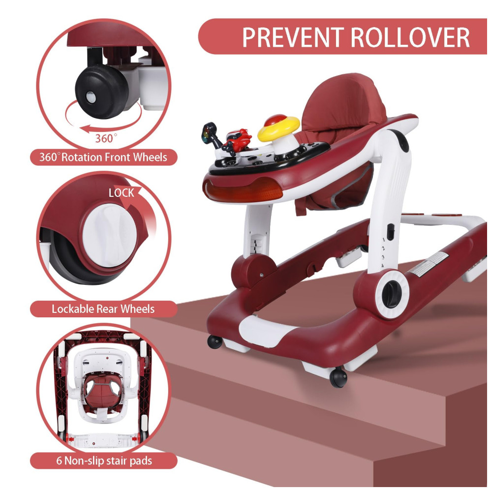 Andador Kinder King com Música e Luzes 5 em 1 Cadeira de Atividades Altura e Assento Ajustáveis Aprendizagem Sentado Andador Empurrável Preto. - Imagem 6