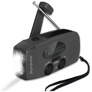 Rádio AM FM WB NOAA Recarregável via Manivela Solar Carregador USB IRONSNOW TS IS 088 B Preto
