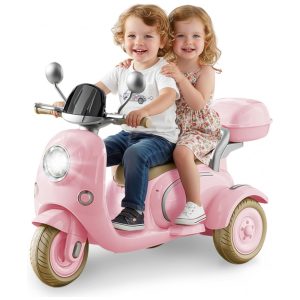 Moto Elétrica Infantil HEIMILI 12V Rosa Claro 3 Rodas 2 Lugares com Bluetooth MP3 Baú e Estabilidade