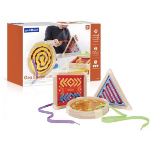 Brinquedo educativo Guidecraft Geo Shape Lacing madeira colorido 3 placas para costurar formas geométricas 6 cadarços multicoloridos modelo Geo S