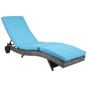 Espreguiçadeira de Vime para Piscina Rattan PE com Almofada Encosto Ajustável em 5 Níveis e Rodas para Fácil MovimentaçãoOutsunny Azul Céu