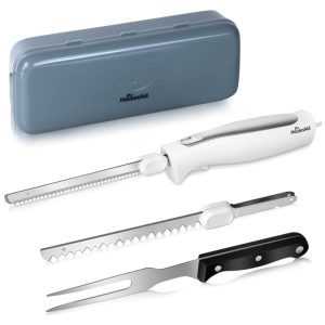 Conjunto de Facas Elétricas HousesAid com Duas Lâminas de Aço Inoxidável Serrilhadas Garfo de Carne Cabo Antiderrapante Trava de Segurança e Estojo