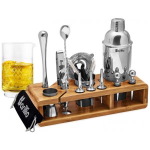 Kit Bartender Profissional 24 Peças em Aço Inoxidável com Suporte de Bambu Barillio Prata