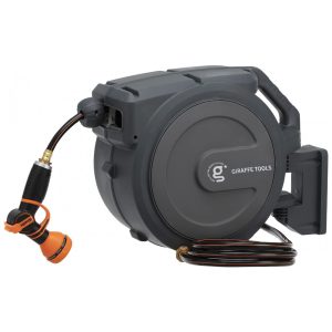 Mangueira de Jadim 23M com Enrolador Retrátil Rebobinamento Lento Trava e Bico Pulverizador de 9 Padrões Giraffe Tools AW25 Cinza