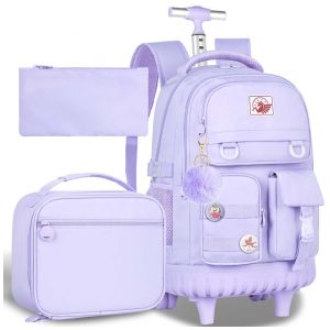 Mochila de rodinhas CCJPX 3 em 1 roxa para notebook com lancheira e estojo