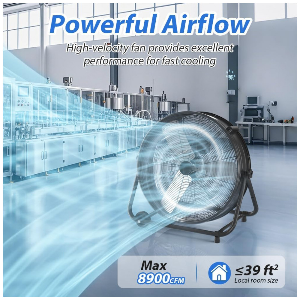 Ventilador Industrial de Tambor LifePlus 61 cm Preto Alta Velocidade 8900 CFM 3 Velocidades Inclinação Ajustável 360° Modelo FGD-24T 110V - Imagem 2