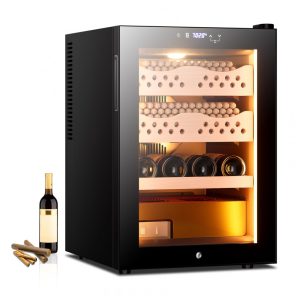 Umidor para Charutos e Vinho Elétrico 50L com Prateleiras em Madeira de Cedro Espanhol e Higrômetro Hermético 110V Cigarwong Preto