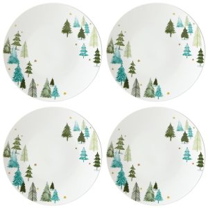 Conjunto de Pratos Rasos Jantar Natal com 4 Peças Formato Redondo Material de Porcelana e Tema de Floresta LENOX 880068 Branco e Verde