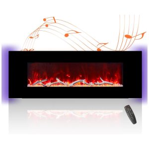 Lareira Elétrica de Embutir Ultrafina A45x127L cm com Controle Remoto Temporizador 8H Baixo Ruído e Alto-Falantes via Bluetooth 110V 1500W MONDAWE Preta