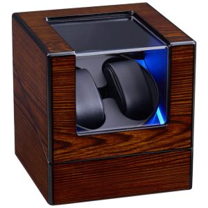 Caixa Estojo Rotativo Automático para Relógios com Retroiluminação LED 2 Lugares ANWBROAD Marrom
