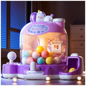 Máquina de Garra Mini Skirfy Unicórnio Roxa Dispensadora de Brinquedos e Balas 27x20x17 cm Bivolt com 3 Pilhas AA